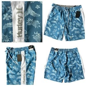 Hurley Volly Mens Floral Print Light Blue Elastic Waistband Swim Trunks Sz L